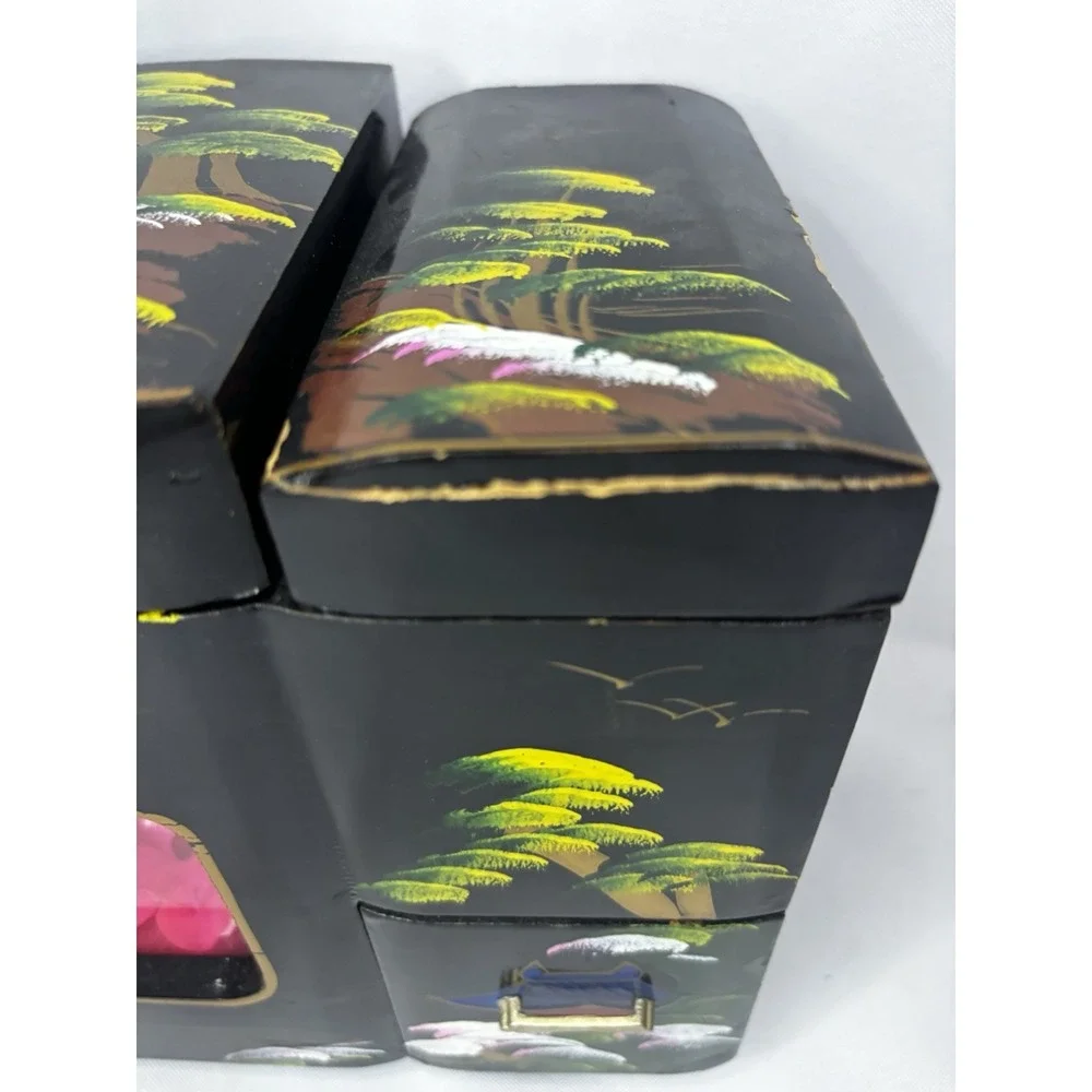 Vintage Japanese Black Lacquer Musical Jewelry Box- Window Diorama